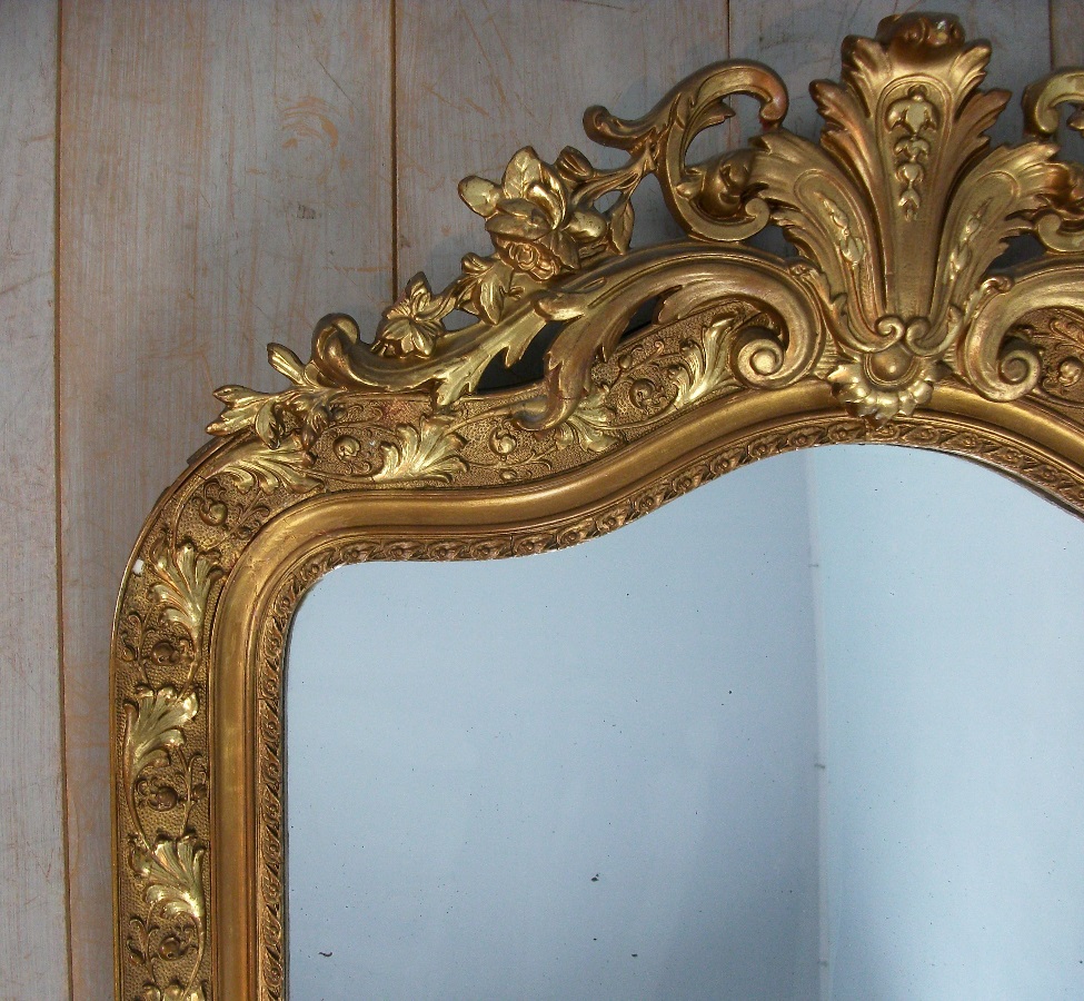 Large Antique French Overmantle Gilded Mirror